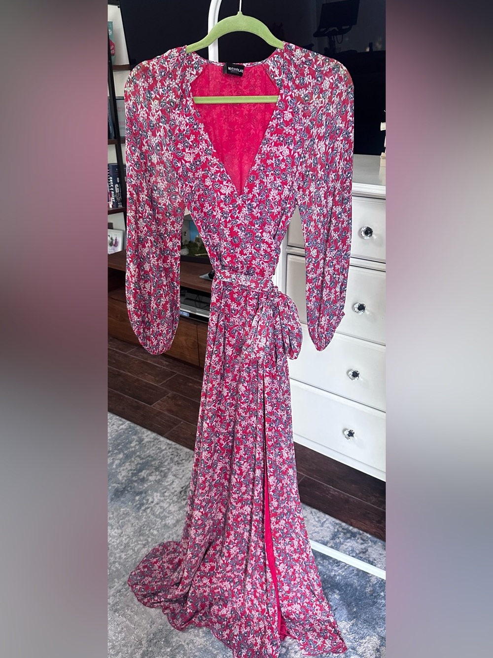 NICHOLAS Red and Lime Green Floral Dress
